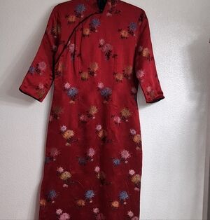 Classic Chinese Cheongsam Silk Satin Maroon Long Dress